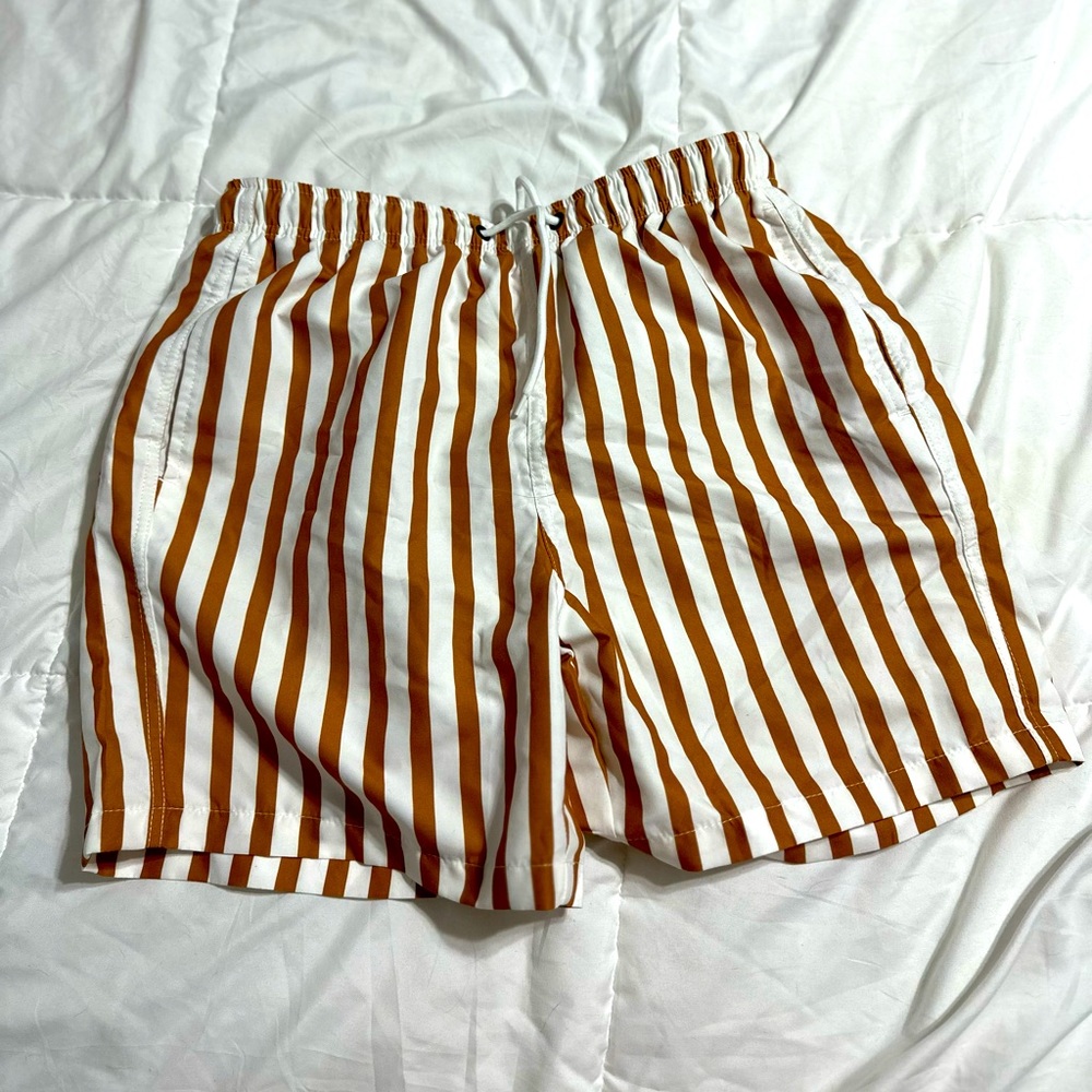 Rust + white pinstripe swim trunks